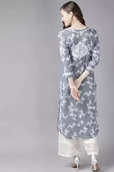 Women Hand Embroidered Grey Cotton Lucknowi Chikankari Indian Kurta