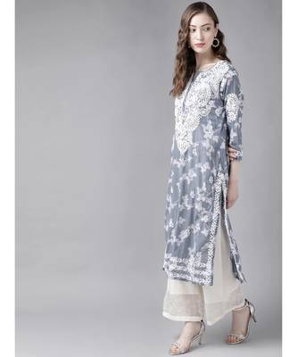 Women Hand Embroidered Grey Cotton Lucknowi Chikankari Indian Kurta 3