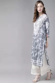 Women Hand Embroidered Grey Cotton Lucknowi Chikankari Indian Kurta