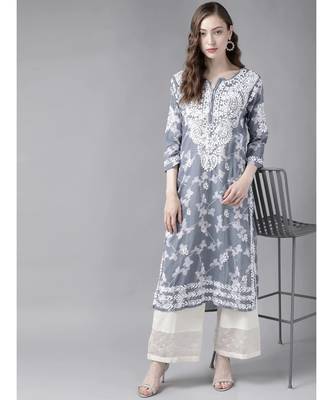 Women Hand Embroidered Grey Cotton Lucknowi Chikankari Indian Kurta 4