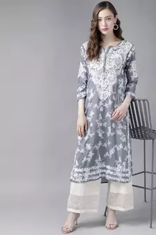 Women Hand Embroidered Grey Cotton Lucknowi Chikankari Indian Kurta