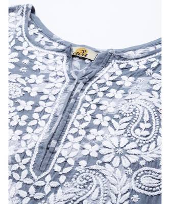 Women Hand Embroidered Grey Cotton Lucknowi Chikankari Indian Kurta 5