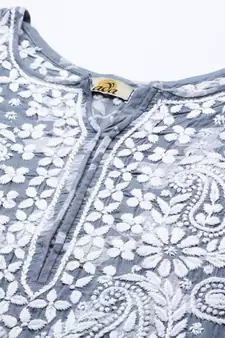 Women Hand Embroidered Grey Cotton Lucknowi Chikankari Indian Kurta