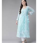 Ada Women Hand Embroidered Blue Georgette Lucknow Chikankari Angarkha Kurta With Slip - A411263