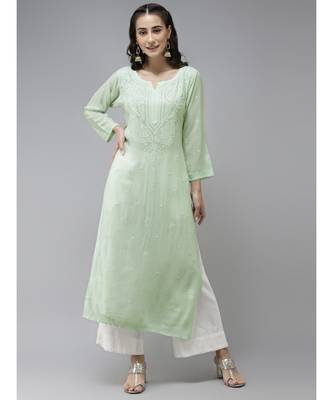 Hand Embroidered Pista Green Georgette Lucknowi Chikankari Women Kurta 1