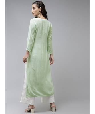 Hand Embroidered Pista Green Georgette Lucknowi Chikankari Women Kurta 2