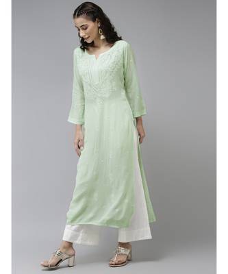 Hand Embroidered Pista Green Georgette Lucknowi Chikankari Women Kurta 3