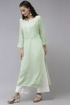Hand Embroidered Pista Green Georgette Lucknowi Chikankari Women Kurta