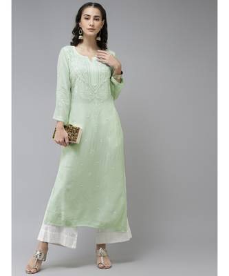 Hand Embroidered Pista Green Georgette Lucknowi Chikankari Women Kurta 4
