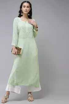 Hand Embroidered Pista Green Georgette Lucknowi Chikankari Women Kurta