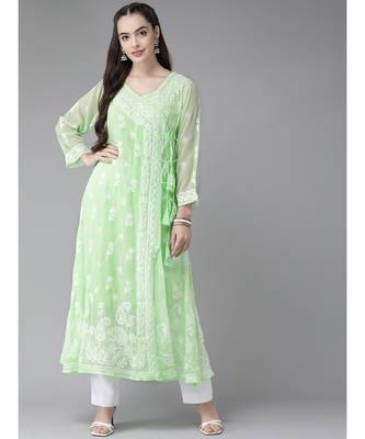 Ada Women Hand Embroidered Green Georgette Lucknow Chikankari Angarkha Kurta With Slip - A411260 1