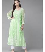 Ada Women Hand Embroidered Green Georgette Lucknow Chikankari Angarkha Kurta With Slip - A411260