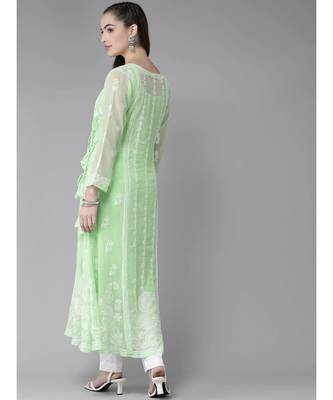 Ada Women Hand Embroidered Green Georgette Lucknow Chikankari Angarkha Kurta With Slip - A411260 2