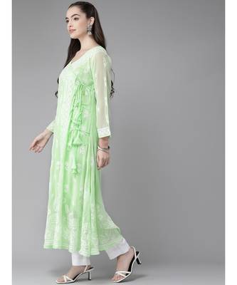 Ada Women Hand Embroidered Green Georgette Lucknow Chikankari Angarkha Kurta With Slip - A411260 3