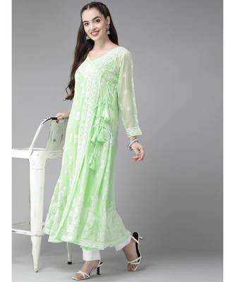 Ada Women Hand Embroidered Green Georgette Lucknow Chikankari Angarkha Kurta With Slip - A411260 4