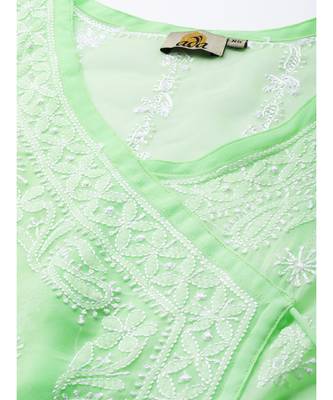 Ada Women Hand Embroidered Green Georgette Lucknow Chikankari Angarkha Kurta With Slip - A411260 5