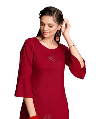 Red Rayon  quarter Sleeves Diamond Work  Womens Kurta 4