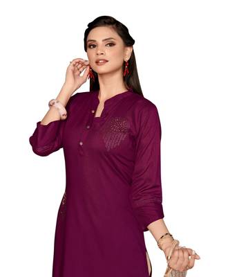 Maroon Rayon  quarter Sleeves Diamond Work  Womens Kurta 3
