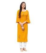 Mustard  Rayon  quarter Sleeves Diamond Work  Womens Kurta