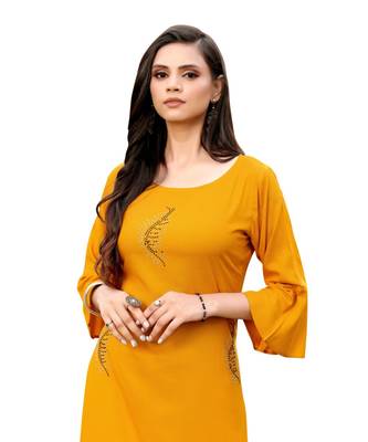 Mustard  Rayon  quarter Sleeves Diamond Work  Womens Kurta 3
