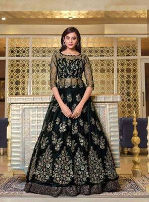 Black Soft Net Anarkali type Indo western suit with Heavy Embroidery work 1