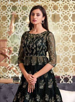 Black Soft Net Anarkali type Indo western suit with Heavy Embroidery work 2
