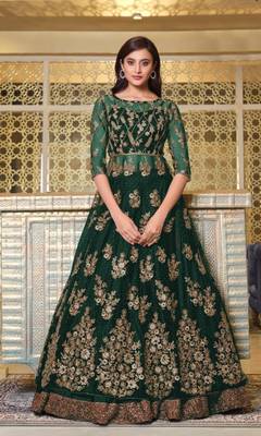 Green Soft Net Anarkali type Indo western suit with Heavy Embroidery work 1