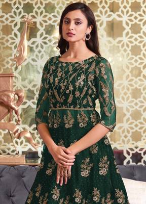 Green Soft Net Anarkali type Indo western suit with Heavy Embroidery work 2