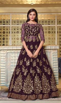 Purple Soft Net Anarkali type Indo western suit with Heavy Embroidery work 1