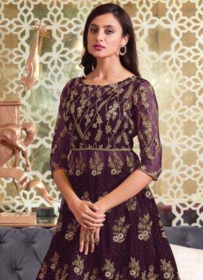 Purple Soft Net Anarkali type Indo western suit with Heavy Embroidery work 2