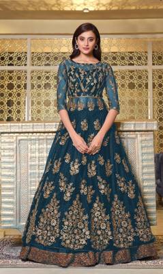 Aqua Blue Soft Net Anarkali type Indo western suit with Heavy Embroidery work 1