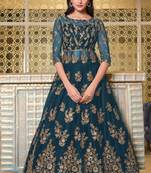 Aqua Blue Soft Net Anarkali type Indo western suit with Heavy Embroidery work