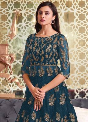Aqua Blue Soft Net Anarkali type Indo western suit with Heavy Embroidery work 2