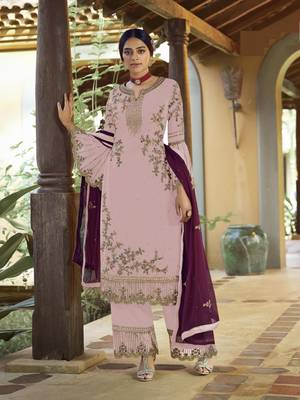 Light Pink Faux Georgette Shtraight suit style Plazzo suit with Embroidery work  1