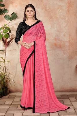 Peach plain lycra saree with blouse 1