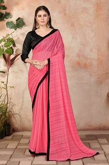 Peach plain lycra saree with blouse