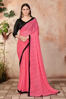 Peach plain lycra saree with blouse