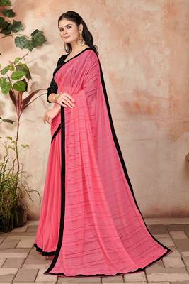 Peach plain lycra saree with blouse 2