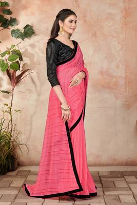 Peach plain lycra saree with blouse 3