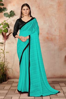 Blue plain lycra saree with blouse 1