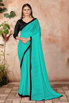Blue plain lycra saree with blouse