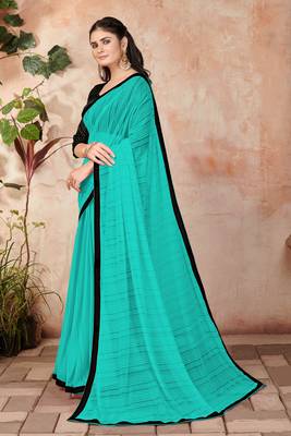 Blue plain lycra saree with blouse 2