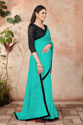 Blue plain lycra saree with blouse 3