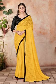 Yellow plain lycra saree with blouse