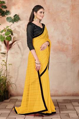 Yellow plain lycra saree with blouse 3