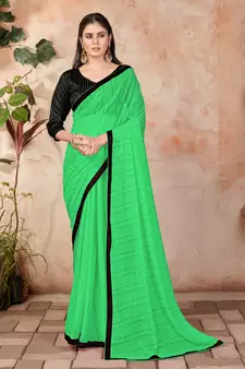 Green plain lycra saree with blouse
