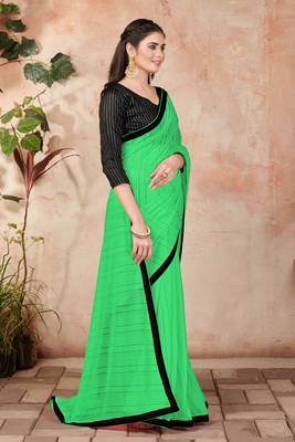 Green plain lycra saree with blouse 3