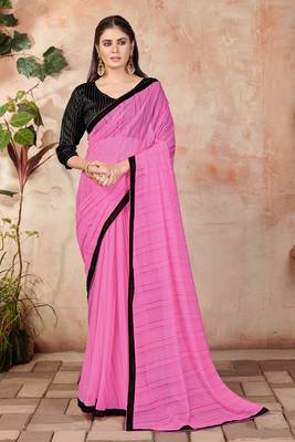 Pink plain lycra saree with blouse 1
