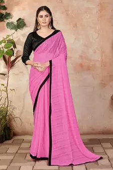 Pink plain lycra saree with blouse