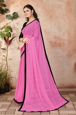 Pink plain lycra saree with blouse 2
